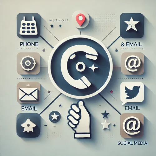DALL·E 2025-03-24 12.31.36 - A visually appealing collage of contact methods, including a phone icon, an email symbol, and social media icons. The design is modern and clean, emph